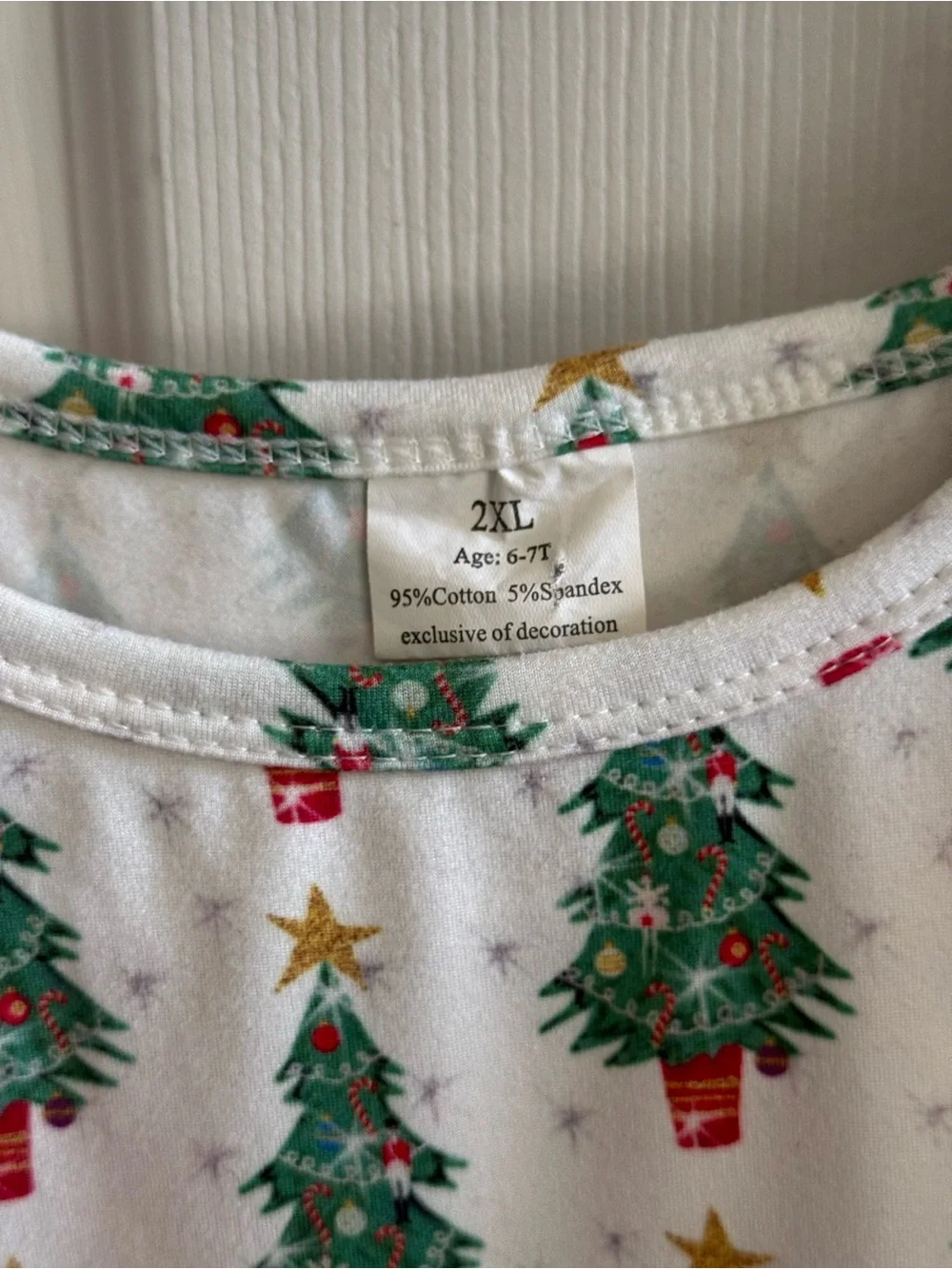 Girls White Holiday Tree Print Dress with Red Ruffle Shoulders